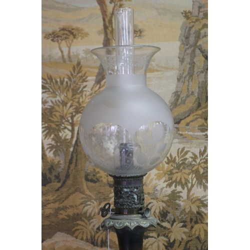 1012 - Antique French oil lamp, baluster shape waisted etched shade, approx 70cm H