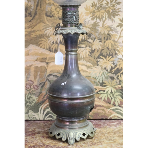 1012 - Antique French oil lamp, baluster shape waisted etched shade, approx 70cm H