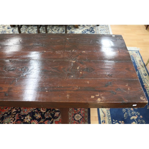 1015 - Long antique style slab top trestle table, champhered square legs, with central stretcher, approx 76... 