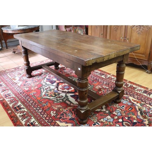 1039 - French slab topped period revival country table, baluster turned legs joined by a central stretcher,... 