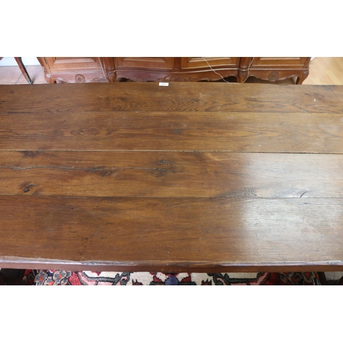 1039 - French slab topped period revival country table, baluster turned legs joined by a central stretcher,... 
