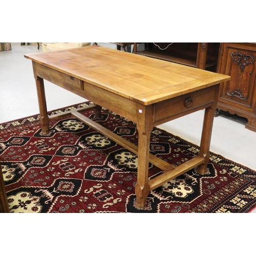 1043 - Antique French provincial country farmhouse table, standing on stretcher base, approx 75cm H x 157cm... 