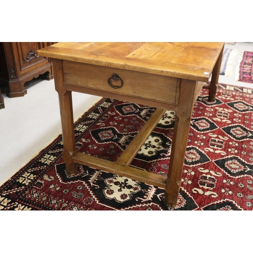 1043 - Antique French provincial country farmhouse table, standing on stretcher base, approx 75cm H x 157cm... 