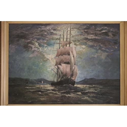 1052 - Unknown, four mast sailing ship, oil on canvas, signed lower right, signed lower right, approx 52cm ... 