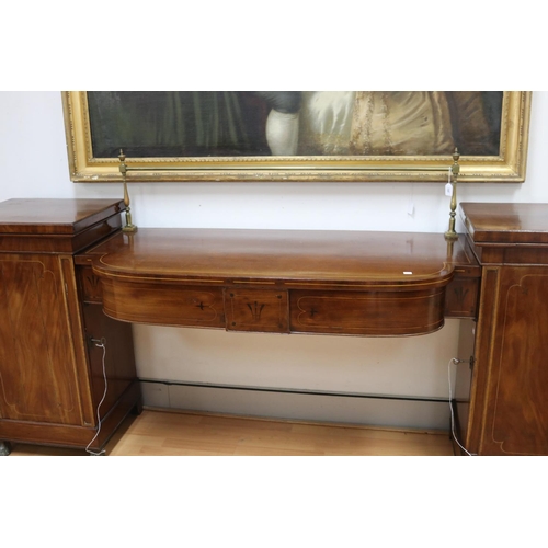 1054 - Antique English Regency mahogany twin pedestal sideboard, with original brass gallery, recessed pane... 