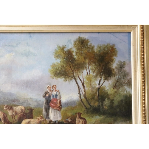 1055 - French School, Sheppard's with sheep, oil on board, approx 26cm x 48cm
