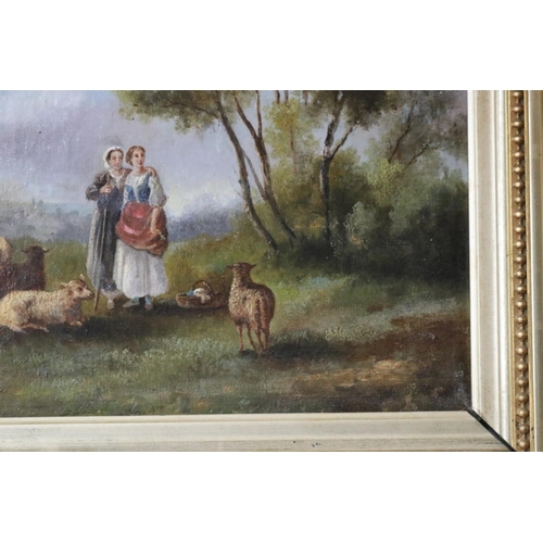1055 - French School, Sheppard's with sheep, oil on board, approx 26cm x 48cm