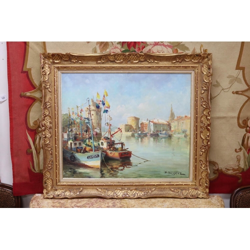 1058 - Decorative harbour scene, oil on canvas, signed lower right, approx 53cm x 63cm