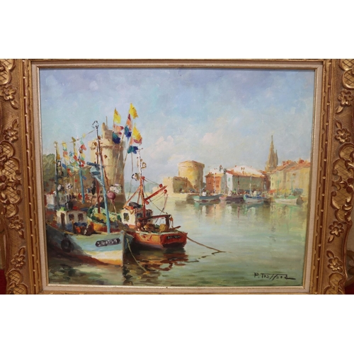 1058 - Decorative harbour scene, oil on canvas, signed lower right, approx 53cm x 63cm