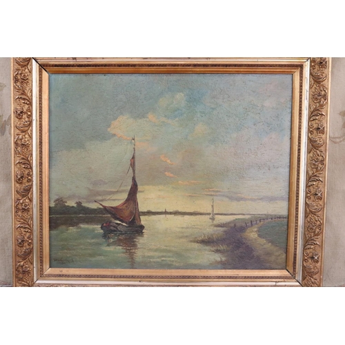 1059 - Herbosch, oil on board, fishing boats and estuary, signed indistinctly lower left, frame approx 64cm... 