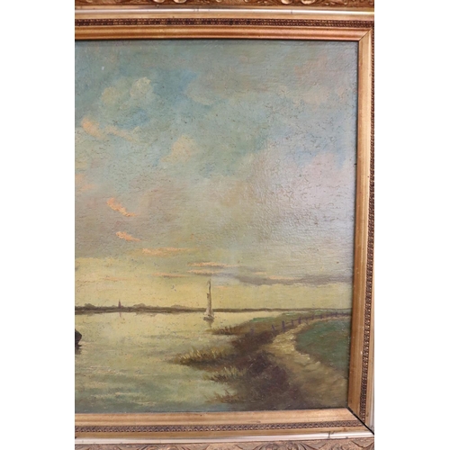 1059 - Herbosch, oil on board, fishing boats and estuary, signed indistinctly lower left, frame approx 64cm... 