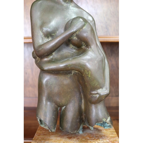 1060 - Contemporary bronze sculpture of Madonna and child on marble base, approx 53cm H x 22cm W x 15cm D