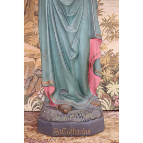 1018 - Religious painted plaster statue of Saint Catharina from Germany, approx 81cm H