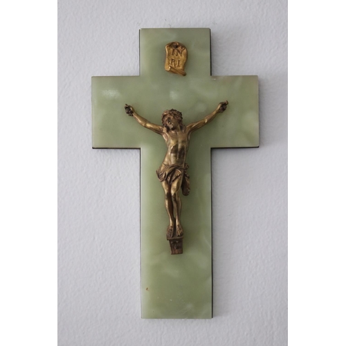1029 - French crucifix on green onyx back, approx 30cm H x 17.5cm W