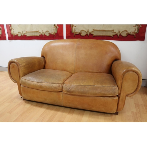 1142 - Vintage French mid century leather two seater sofa, approx 83cm H x 178cm W x 85cm D