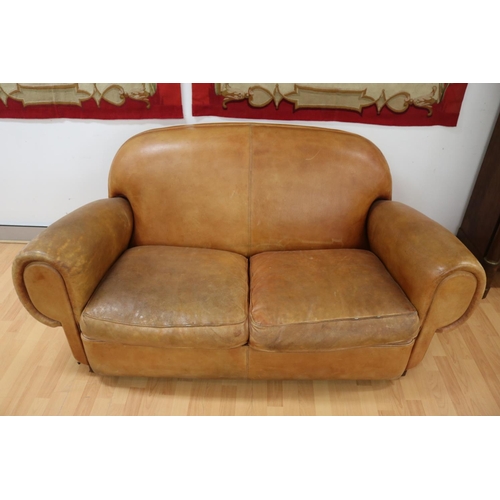 1142 - Vintage French mid century leather two seater sofa, approx 83cm H x 178cm W x 85cm D