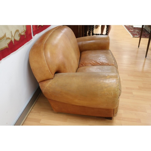 1142 - Vintage French mid century leather two seater sofa, approx 83cm H x 178cm W x 85cm D