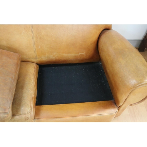 1142 - Vintage French mid century leather two seater sofa, approx 83cm H x 178cm W x 85cm D