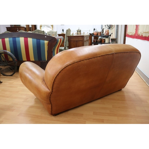 1142 - Vintage French mid century leather two seater sofa, approx 83cm H x 178cm W x 85cm D