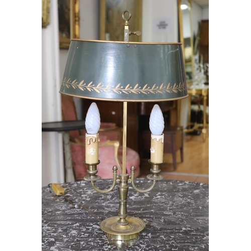 1143 - Vintage French brass dish base briolette lamp, with adjustable tin shade, approx 53cm H