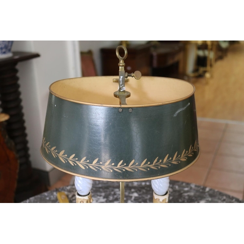 1143 - Vintage French brass dish base briolette lamp, with adjustable tin shade, approx 53cm H