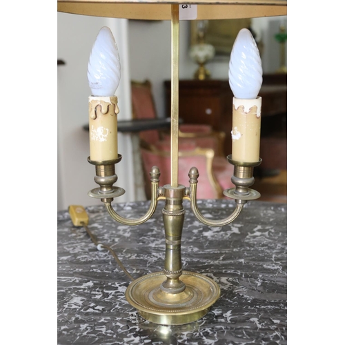 1143 - Vintage French brass dish base briolette lamp, with adjustable tin shade, approx 53cm H