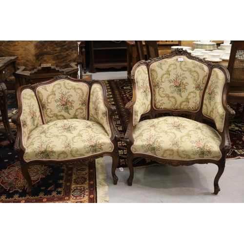 1153 - Pair of antique French Louis XV style upholstered armchairs, his & hers, approx 90cm H x 71cm W x 57... 