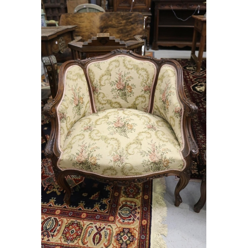 1153 - Pair of antique French Louis XV style upholstered armchairs, his & hers, approx 90cm H x 71cm W x 57... 