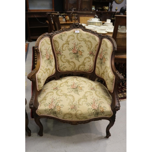 1153 - Pair of antique French Louis XV style upholstered armchairs, his & hers, approx 90cm H x 71cm W x 57... 