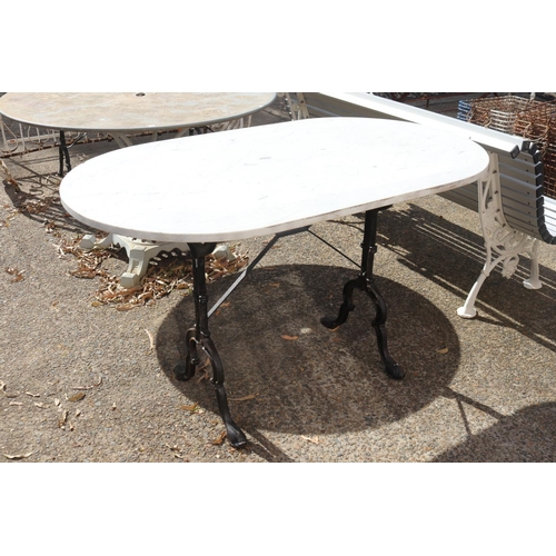 1155 - Vintage French marble topped wrought iron bistro table, approx 72cm H x120cm L x 70cm