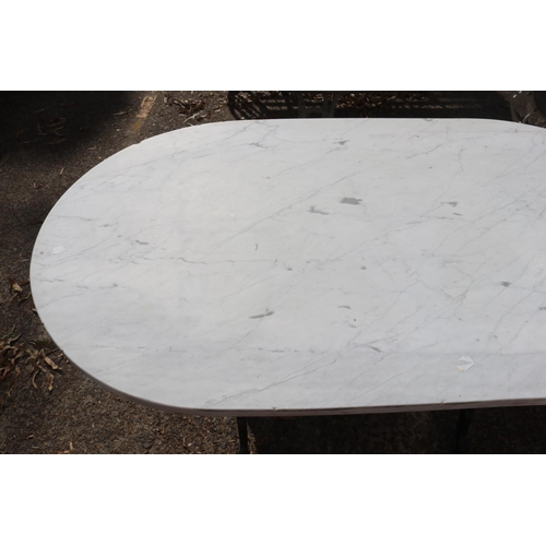 1155 - Vintage French marble topped wrought iron bistro table, approx 72cm H x120cm L x 70cm