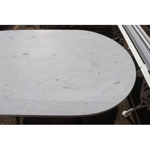 1155 - Vintage French marble topped wrought iron bistro table, approx 72cm H x120cm L x 70cm