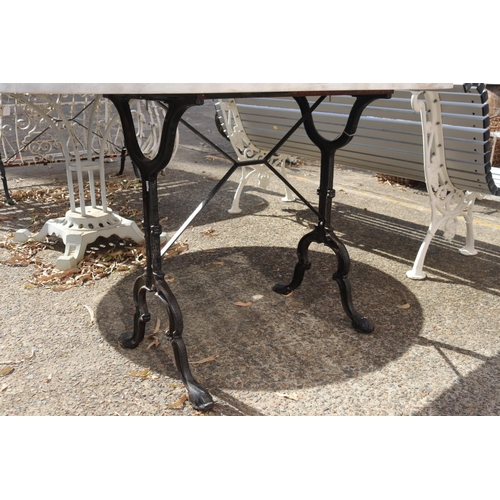 1155 - Vintage French marble topped wrought iron bistro table, approx 72cm H x120cm L x 70cm