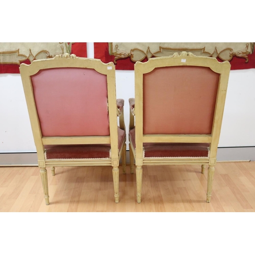 1156 - Pair of antique French Louis XVI style painted frame armchairs, each approx 99cm H x 62cm W x 61cm D... 