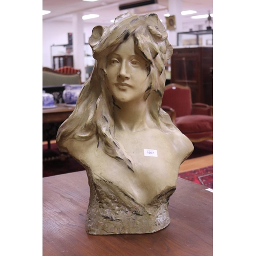 1157 - French painted faux bronze terracotta bust of a young maiden, approx 50cm H x 42cm W