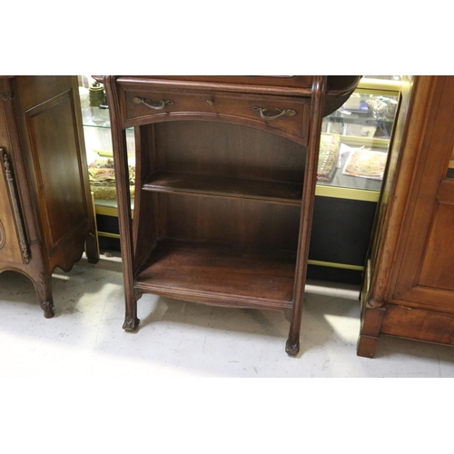 1168 - Antique French Art Nouveau carved walnut cabinet, open shelf base, with single long drawer below a c... 