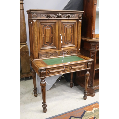 1169 - Antique French Henri II desk, fold out leather writing surfance, approx 145cm H x 86cm W x 57cm D