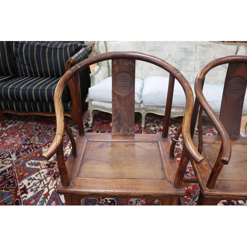 1170 - Pair of old Chinese shoe back armchairs, each approx 98cm H x 61cm W x 58cm D (2)