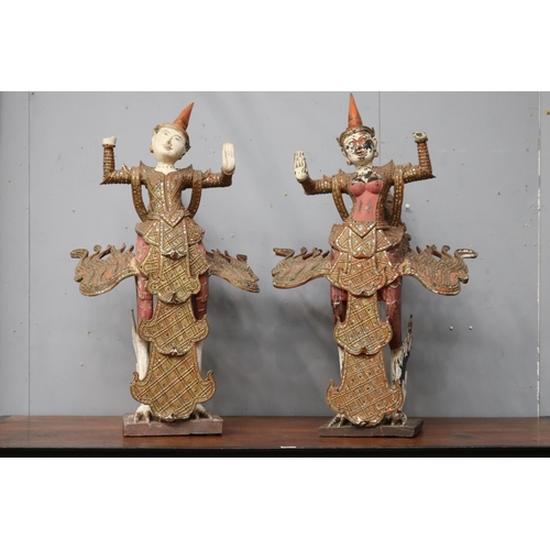 1171 - Large pair of Thai or South East Asian dancing figures, roof or temple finials, each painted carved ... 