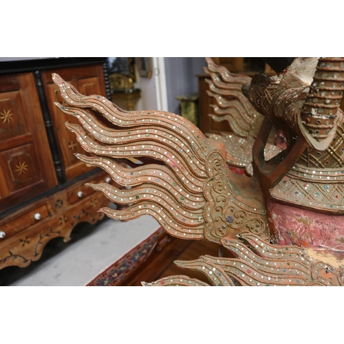 1171 - Large pair of Thai or South East Asian dancing figures, roof or temple finials, each painted carved ... 