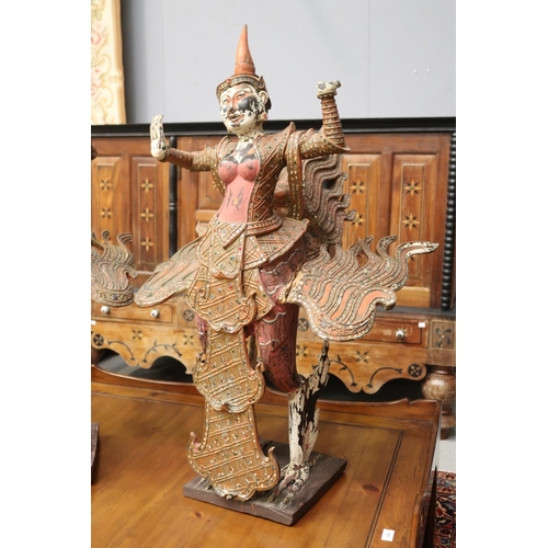 1171 - Large pair of Thai or South East Asian dancing figures, roof or temple finials, each painted carved ... 