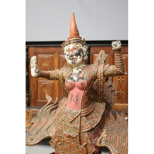 1171 - Large pair of Thai or South East Asian dancing figures, roof or temple finials, each painted carved ... 