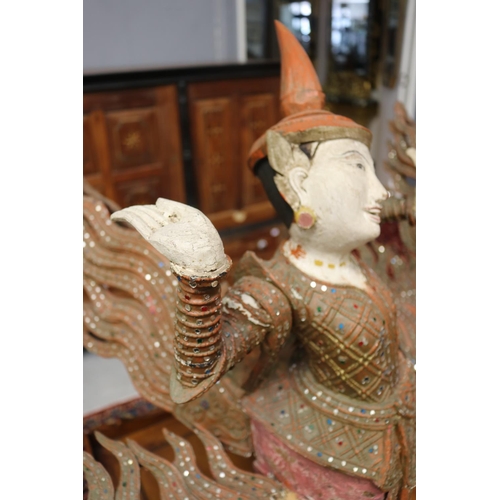 1171 - Large pair of Thai or South East Asian dancing figures, roof or temple finials, each painted carved ... 