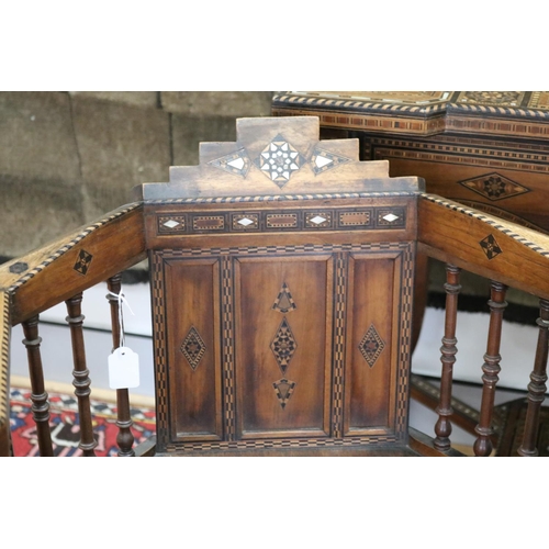 1189 - Traditional Moroccan inlaid table with matching armchairs, well appointed inlay, table approx 78cm h... 