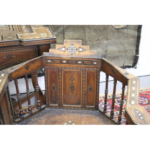 1189 - Traditional Moroccan inlaid table with matching armchairs, well appointed inlay, table approx 78cm h... 