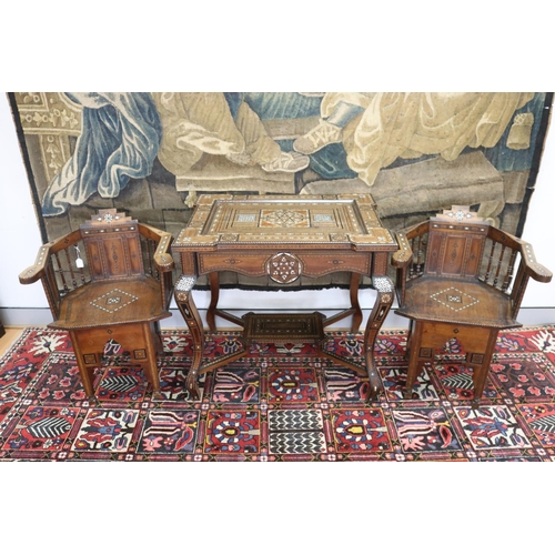 1189 - Traditional Moroccan inlaid table with matching armchairs, well appointed inlay, table approx 78cm h... 