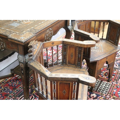 1189 - Traditional Moroccan inlaid table with matching armchairs, well appointed inlay, table approx 78cm h... 