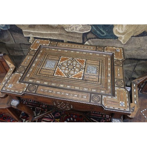 1189 - Traditional Moroccan inlaid table with matching armchairs, well appointed inlay, table approx 78cm h... 