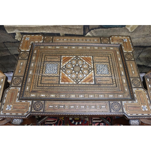 1189 - Traditional Moroccan inlaid table with matching armchairs, well appointed inlay, table approx 78cm h... 