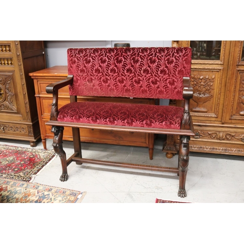 1193 - Antique French Renaissance revival bench, carved frame, approx 111cm H x 114cm W x 40cm D